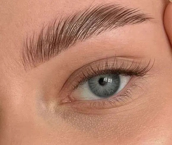Close-up van fijne haarstrokes en gelifte wimpers